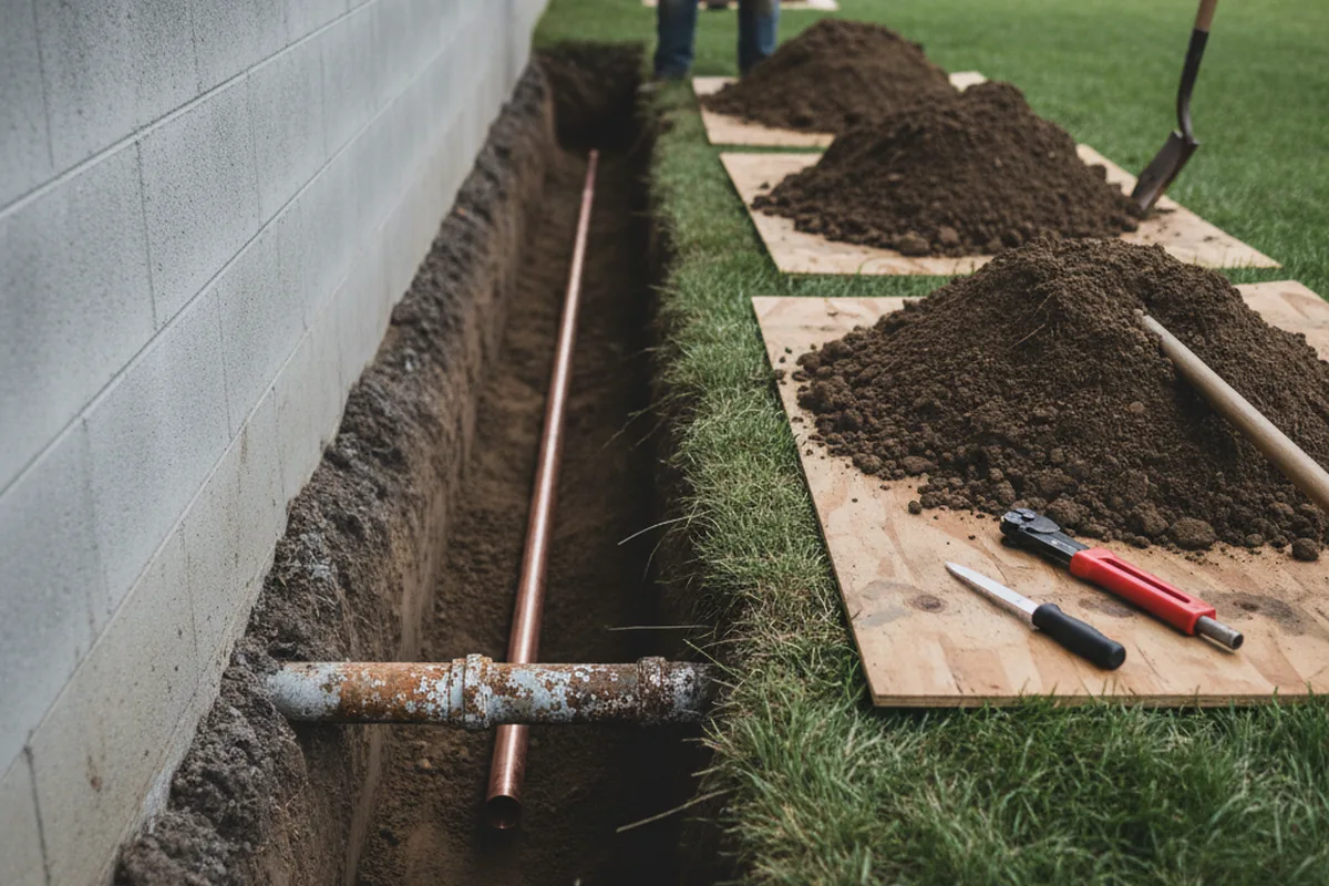 Excavated water line trench during Water Softener Installation in Hopkinton